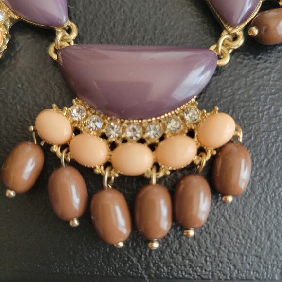 Vintage y2k Brown Pink Bib Necklace Rhinestone Gold Whimsy Boho Chic Cottage - Picture 4 of 7